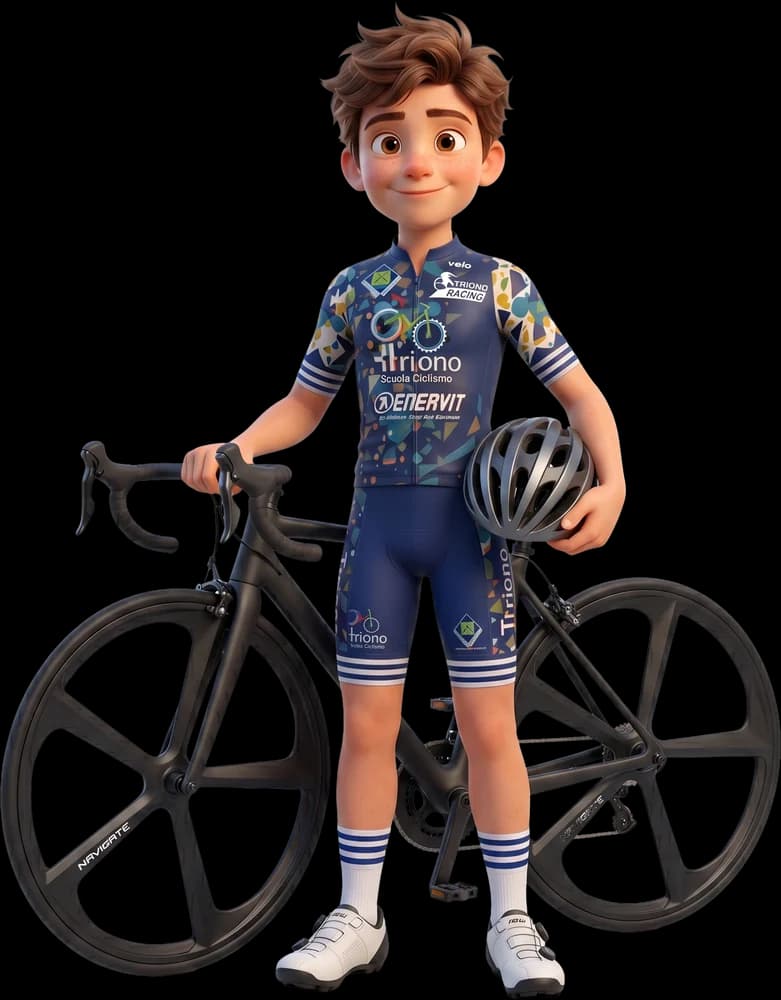 Nino con la bici da strada della Scuola Triono
