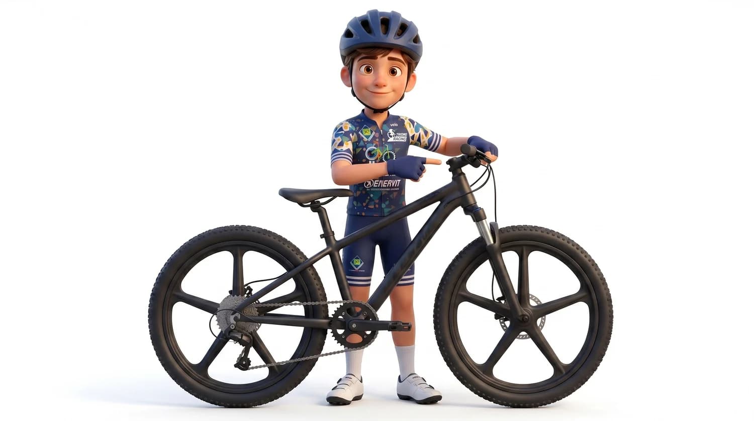 Nino in mountain bike indica la leva del cambio sul manubrio