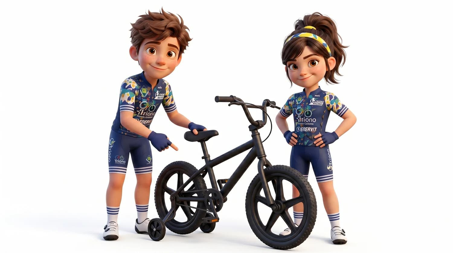 Vittoria e Nino accanto a una bici con le rotelle sollevate da terra